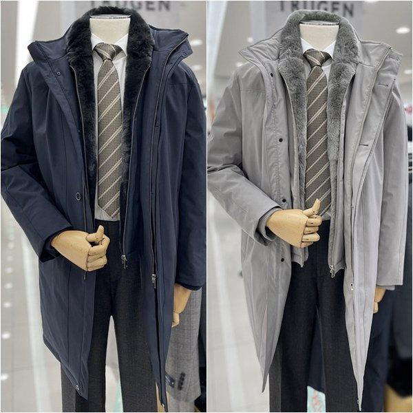 メンズ冬ファーカラーウサギの毛皮着脱式ガチョウプレミアムグースダウンコート型ロングパディングジャンパー2カラー_JK