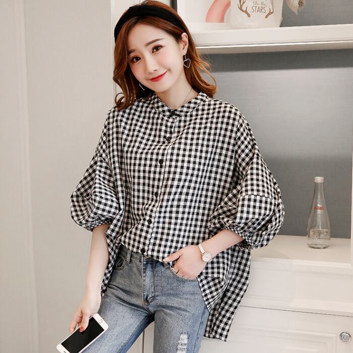 シャツ ブラウス レディース チェック l 七分袖 黒 ブラック シンプル デザイン かわいい おしゃれ 春 秋 トップス 大人女子 S Ｍ L XL 2XL 3XL こなれ感 お洒落
