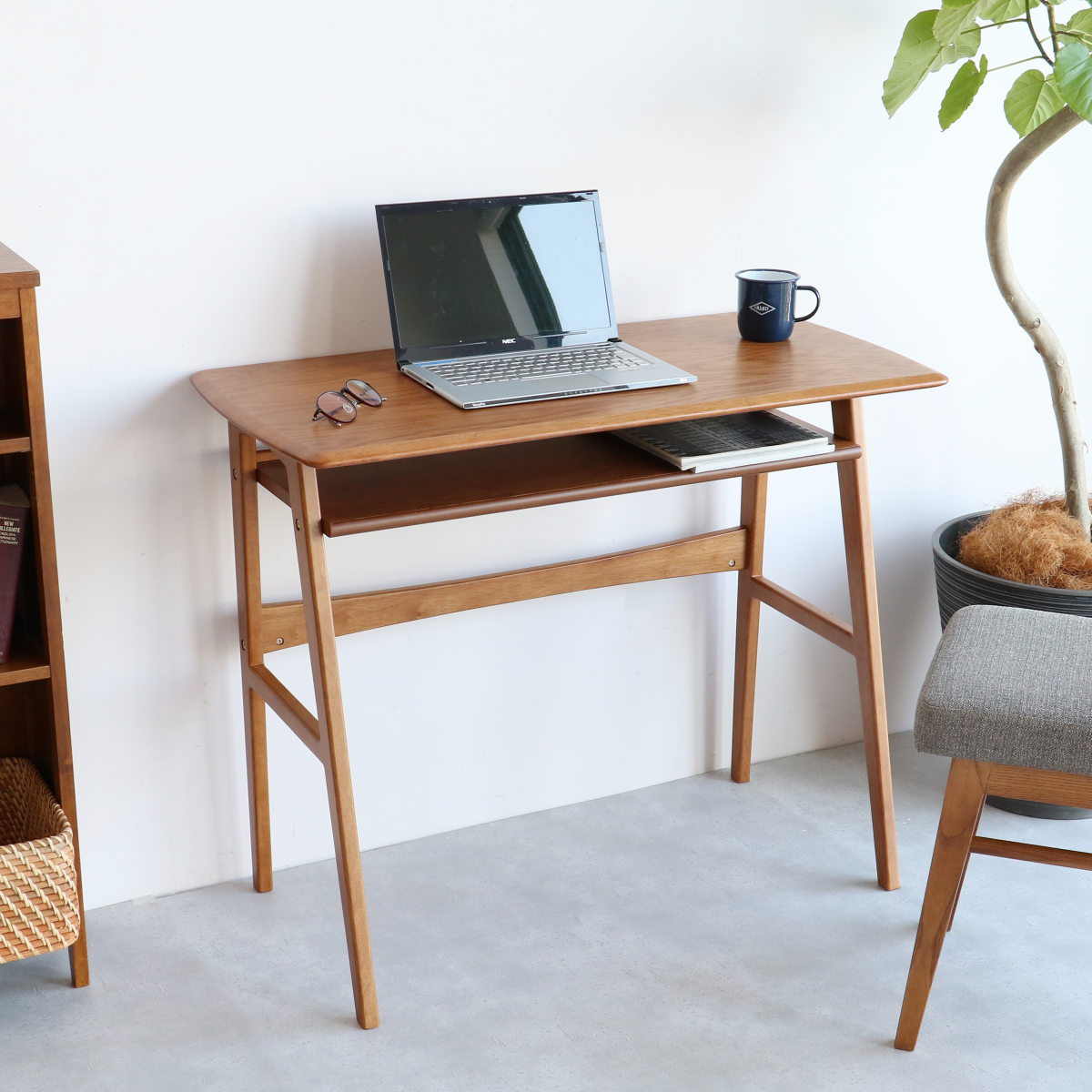 ワークデスク 幅90cm 棚付 ody OAKER スリム デスク パソコン PC 在宅ワーク テレワーク リビング 省スペース 木製 天板下 棚 収納 コンパクト 北欧 ヴィンテージ調