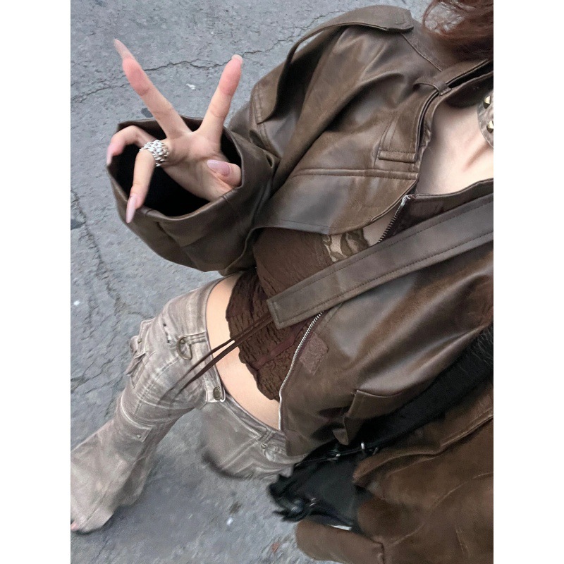 秋の新作レトロショートブラウンレザージャケットユニセックスストリートバイクスタイルジャケットトップ