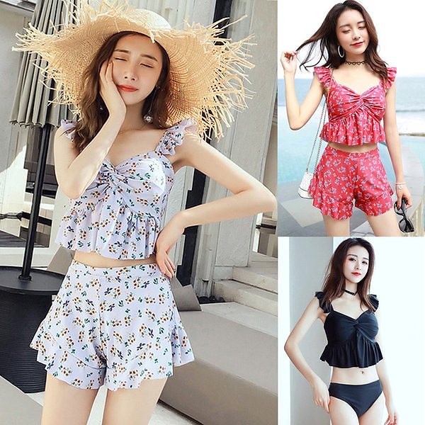 ビキニ水着レディース 夏 ビキニ3点セット水着 体型カバー 韓国風 花柄 フレア 小胸バンドゥビキニ セパレート 40代 可愛い スイムウェア 温泉 ママ水着