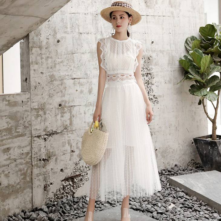 マキシワンピース風上下セット 白M(S相当)即納 ノースリーブ マキシスカート 8014596 セットアップ レディース カジュアル シースルー 夏