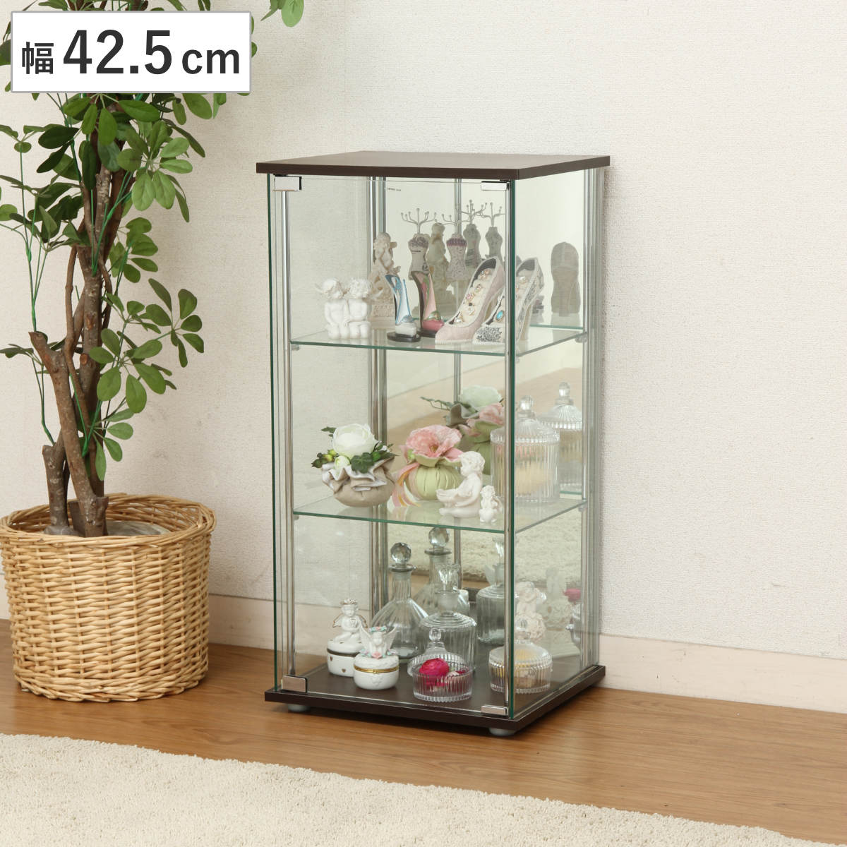 ショーケース 幅42.5cm 3段 背面ミラー コレクションケース ガラス製 コレクションキャビネット ガラスケース キャビネット ミラー付き ガラスキャビネット ディスプレイラック