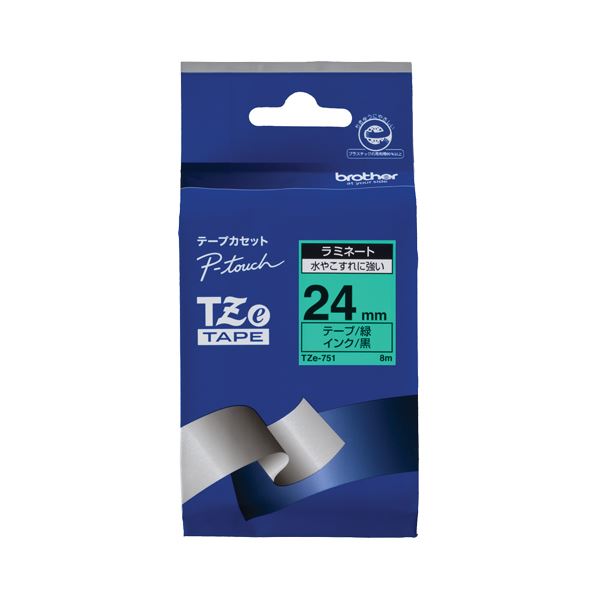 (まとめ) ブラザー BROTHER ピータッチ TZeテープ ラミネートテープ 24mm 緑/黒文字 TZE-751 1個 (×6セット)