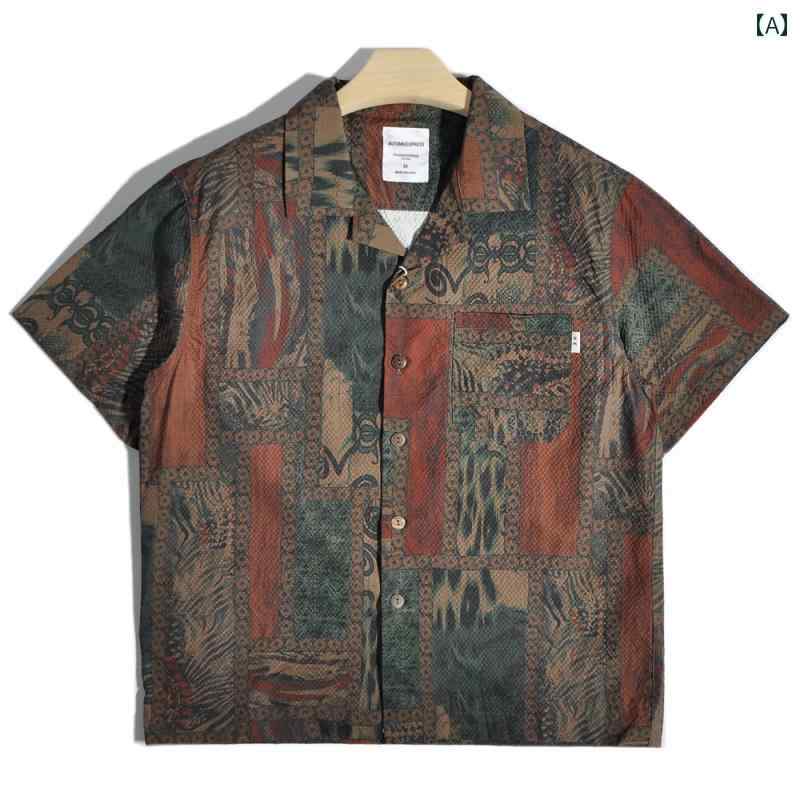 メンズ 春夏 トップス 柄シャツ 総柄 アメ カジ タイ エレガント バロック ハワイアン ビーチ 半袖 カーキ