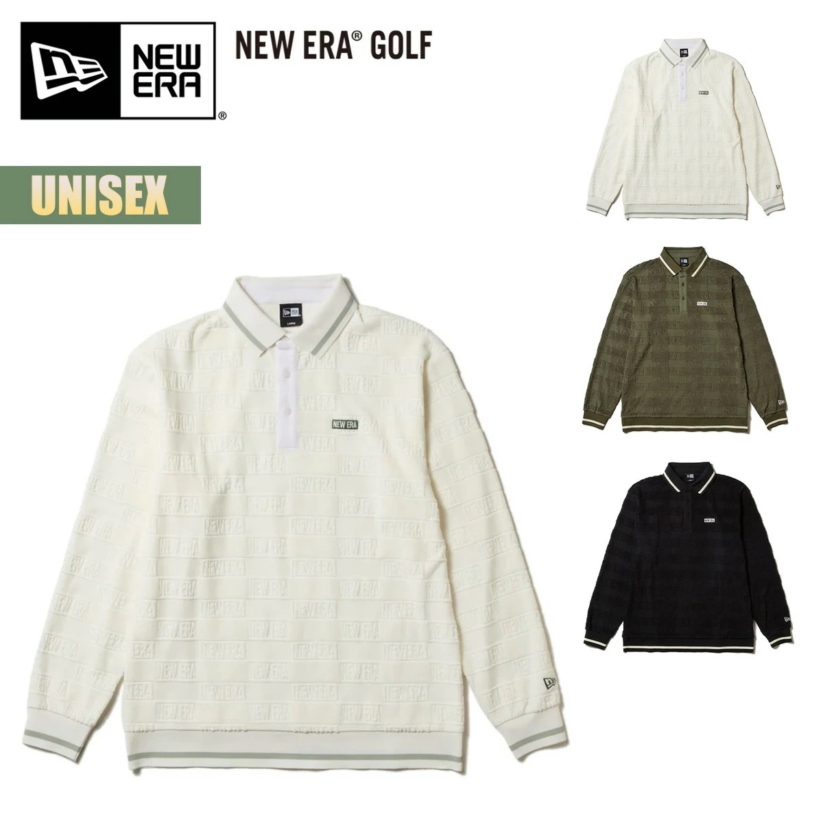 ゴルフ 長袖 ポロシャツ パイル オリーブ オフホワイト ブラック ユニセックス ゴルフウェア トップス Polo Shirt Pile ロゴ 総柄 ジャカード