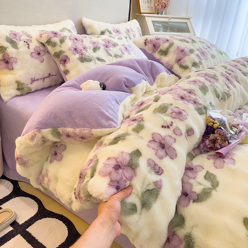 猫のようなウサギのぬいぐるみ 4 ピース冬厚手のミルクベルベットコーラルベルベットシーツとキルトカバー寮の 3 ピースフラットバッチ