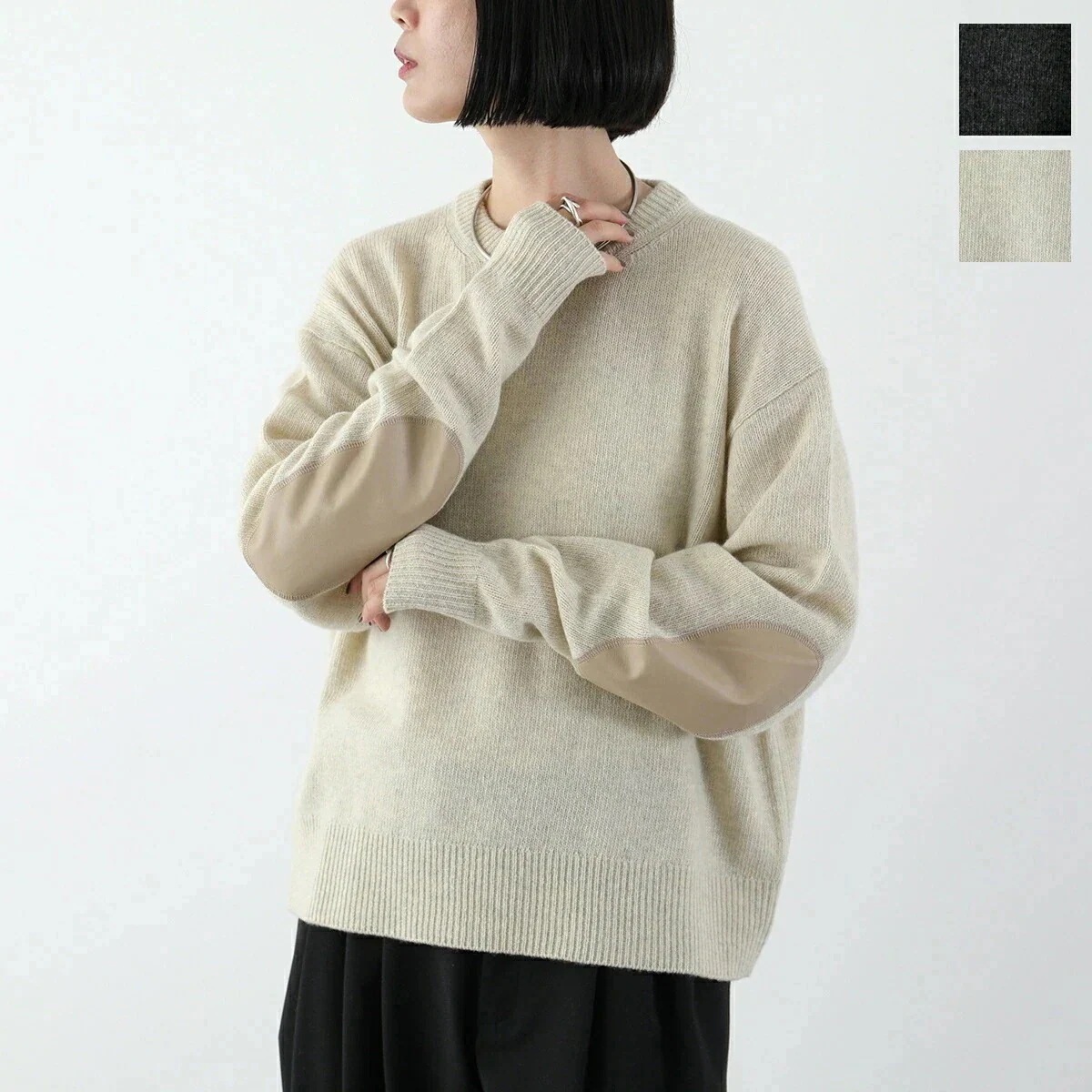 ANTHOM アントム セーター A30541 レディース メリノウール エルボーパッチ クルーネック ローゲージ ニット カラー2色
