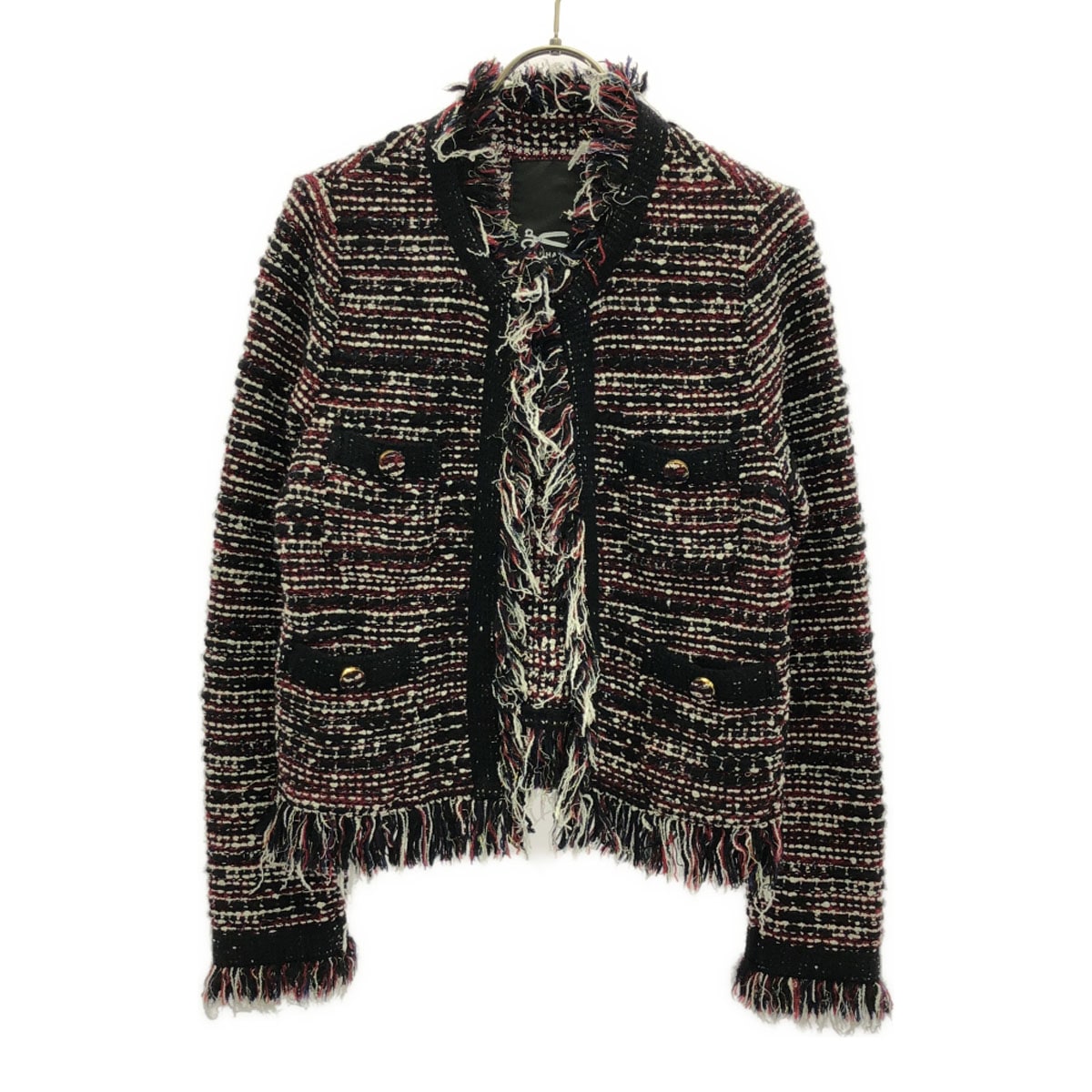 日本製 ウールブレンド クラッシュ ツイードジャケット F ブラック×ホワイト×レッド ノーカラー レディース 古着