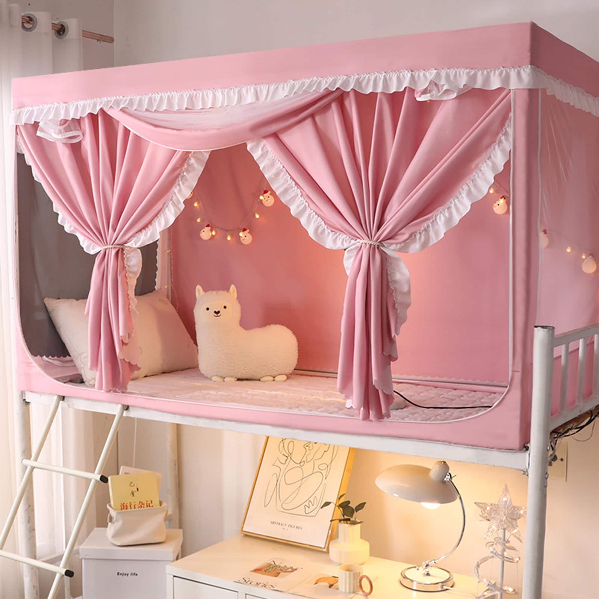 二段ベッドテント 上段ツインサイズ用 プリンセススタイル レース ドリームテント 通気性 睡眠プライバシー ベッドスプレッド 遮光カーテン ジュニアロフトベッド 大学生寮用(Pink 75