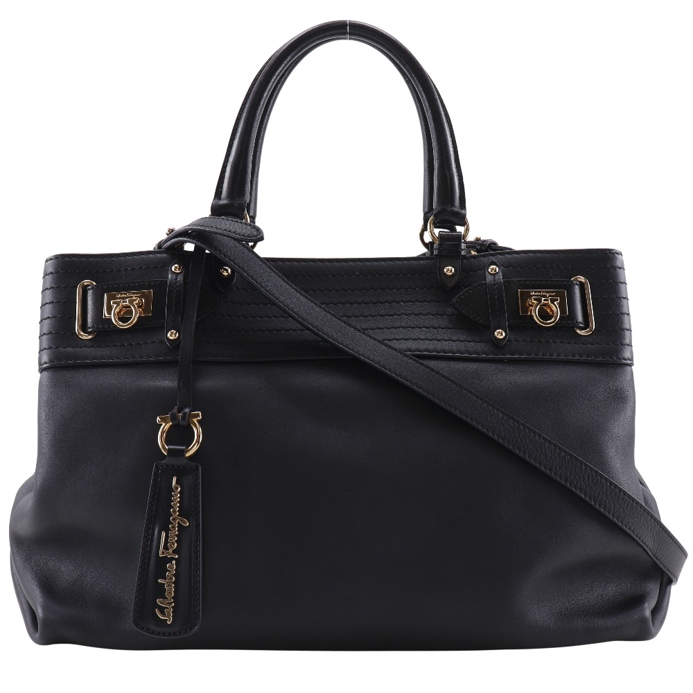 Salvatore Ferragamo サルヴァトーレフェラガモ ガンチーニ 2WAYショルダー AB-21C464 トートバッグ カーフ 黒 レディース 中古品 Aランク