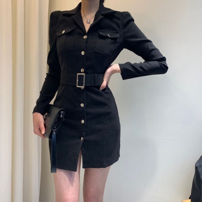 ワンピース シャツ タイト ミニ ショート 襟付き 細身 スリム ウエストマーク ベルト 前開き かわいい 大人可愛い おしゃれ シンプル 春 秋 デート お出かけ ブラック ベージュ