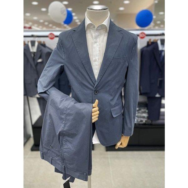 男性夏顔料洗い加工綿混ストレッチGブルーセットアップセットカジュアルセット_JK