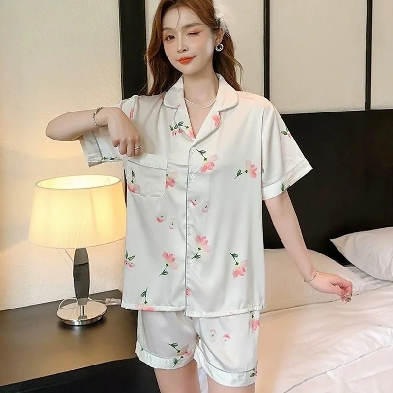 納期3週間程：女性用シルクフラワーパジャマセット,ボタンダウン,ショーツ,サテンの服,夏用のラウンジウェア,2個