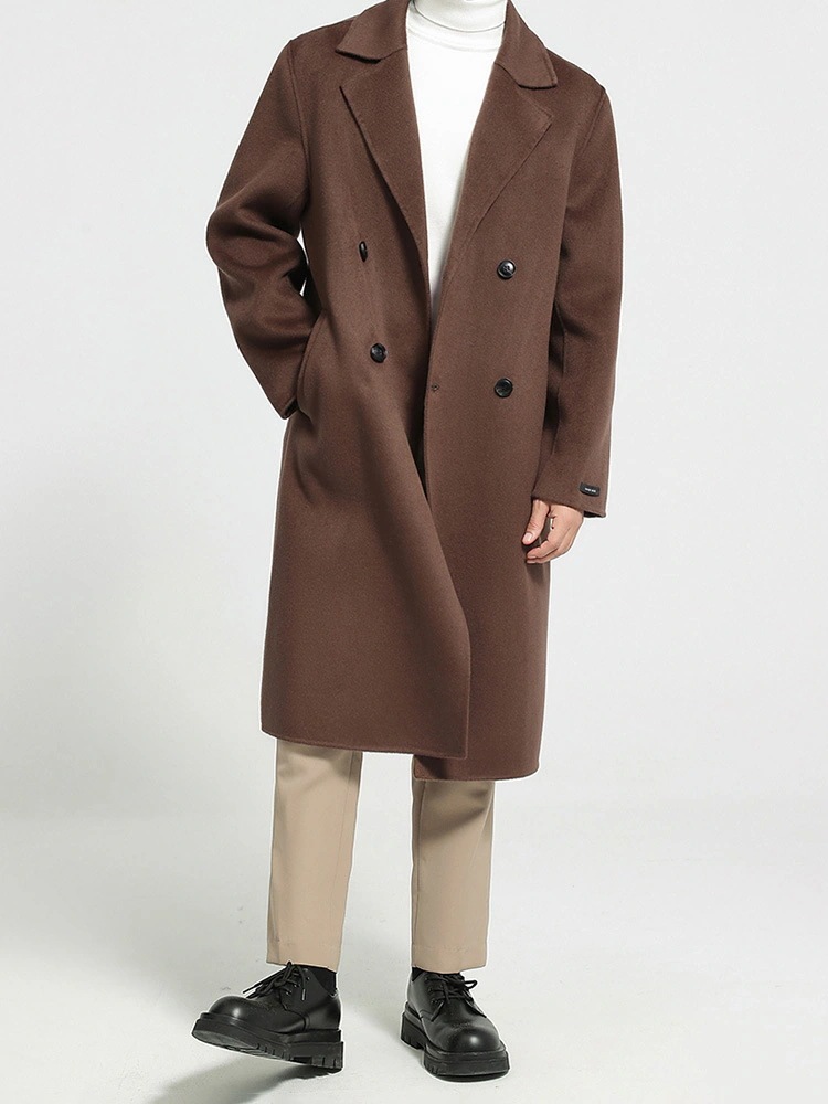 ロング100ウールツイードトレンチコートの秋と冬の新しいメンズダブルブレストニーコートはルーズなジャケットを厚化粧