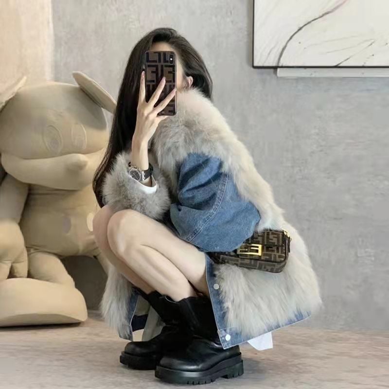 超目玉新品 ファーコート レディース モッズコート 毛皮コート デニム切り替え フェイクファー ふわふわ 厚手 防風 ゆったり 上着 冬