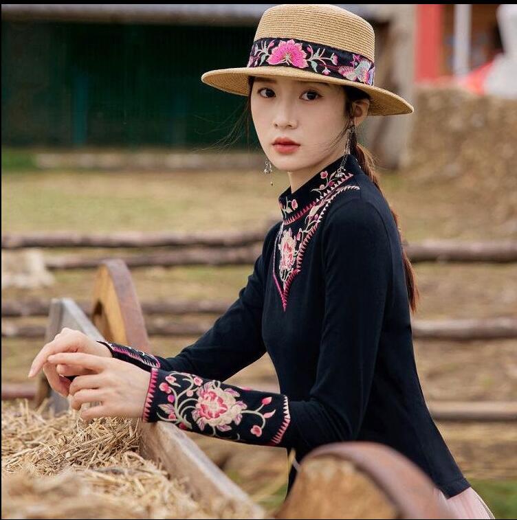エスニック刺繍タイツとの新作厚手保温インナー長袖Tシャツトップス