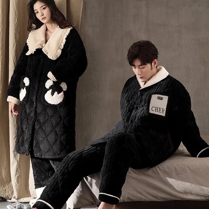 カップルパジャマ冬コーラルベルベット三層コットン厚手保温ホームウェア冬カップルホームウェアセット