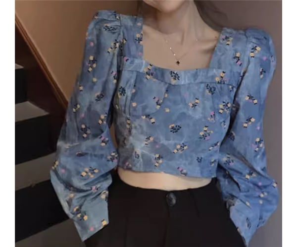 レディース トップス カットソー プルオーバー ショート クロップド丈 長袖 パフスリーブ パワーショルダー スクエアネック スリム 細身 フェミニン かわいい 大人可愛い カジュアル おしゃれ