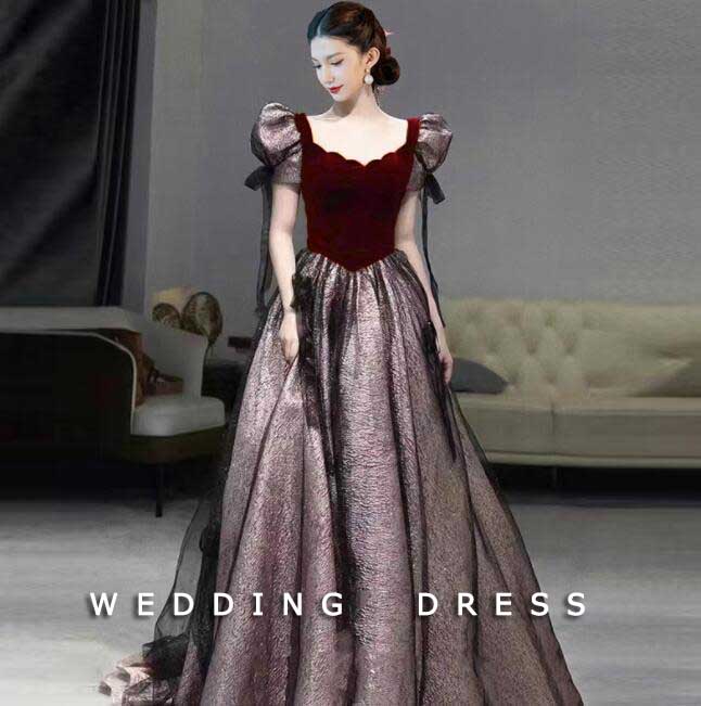 エレガント レディース ドレス ウェディングドレス 舞台演出 お呼ばれ 高級感 上品 キレイめ 結婚式 前撮り 撮影 ２色 チュールスカート aライン 編み上げ ロングドレス パフスリーブ 着痩せ 新