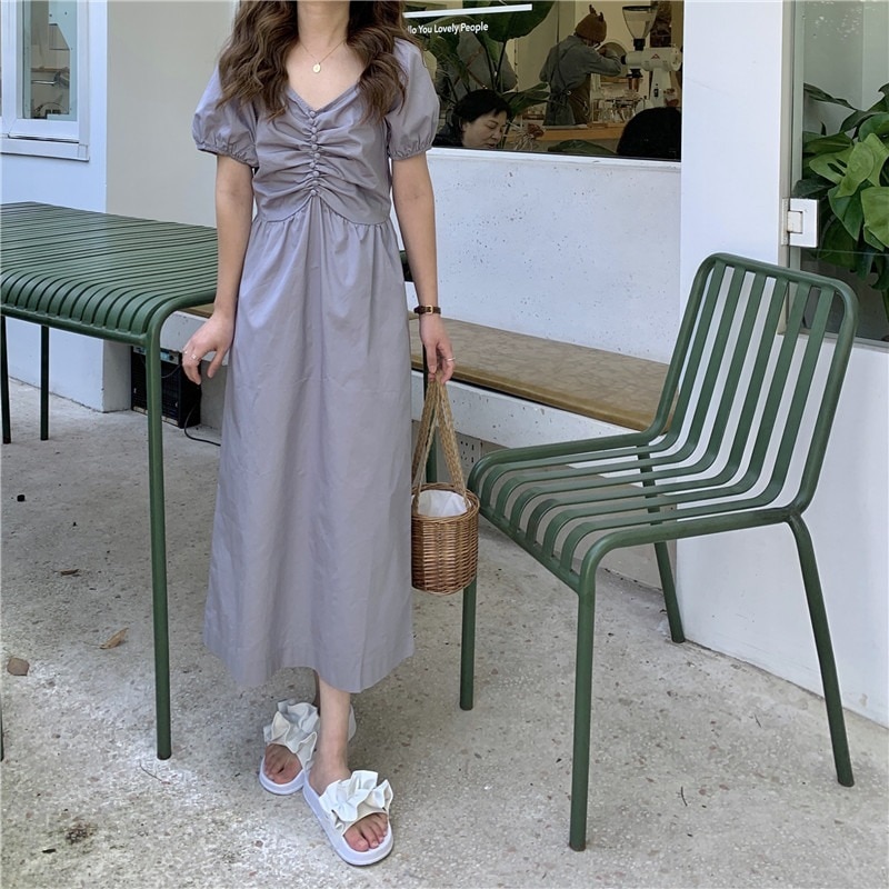 ワンピース Aラインワンピース ワンピ パフスリーブ シャーリング オールインワン フロント