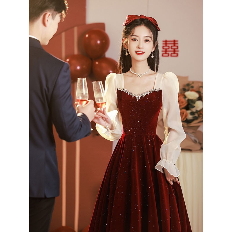 ドレスドレス/トーストドレス花嫁小ワインレッド通常着用可能ガーゼスリーブ婚約ドレス宮廷外宴会バックドアドレス女性カスタマイズされた支払い支払い後の返金または交換不可 4,425円