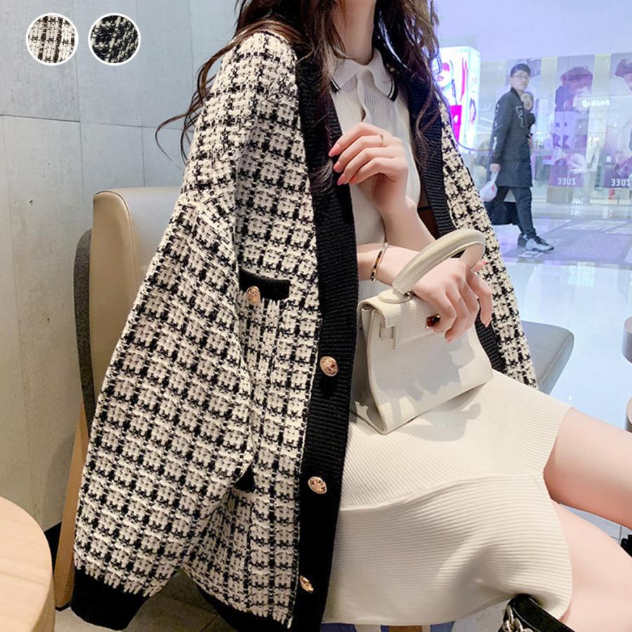 チェック カーディガン ポケット付 レディース 秋冬 トップス おしゃれ かわいい 黒 白 ニット ゆったり レトロ オフィス バイカラー