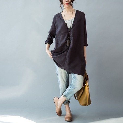 1394. Vネックロングシャツ（ネイビー） 2019 春夏 sale ワンピース プルオーバー トップス ブラウス チュニック 女子会 通学 通勤