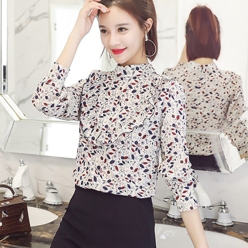 2071.ハイネックフリル柄トップス(アプリコット)