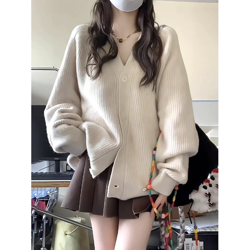 秋冬レディースvネックカーディガンセータージャケットゆったり和風レトロ怠惰なスタイルニットセーターアウタートップス