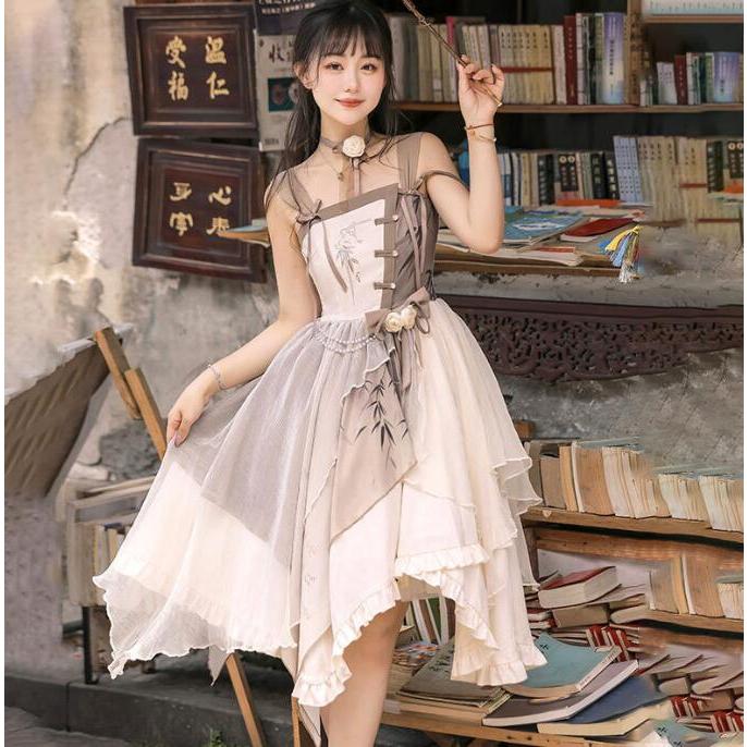 ロリータ ドレス キャミソール 漢風 ドレス 膝丈 ロリータワンピース チャイナドレス イレギュラー裾 改良版漢服 コスプレ衣装 撮影衣裳 学園祭 文化祭 イベント30%までに制限