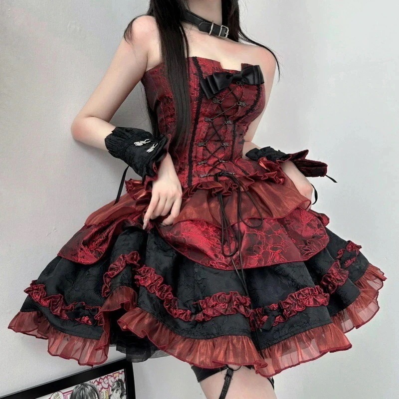 ドレス ロリータ コスプレ ミニスカートセット メイド服 サンタ 文化祭 クリスマス 黒 赤 リボン 3 日発送