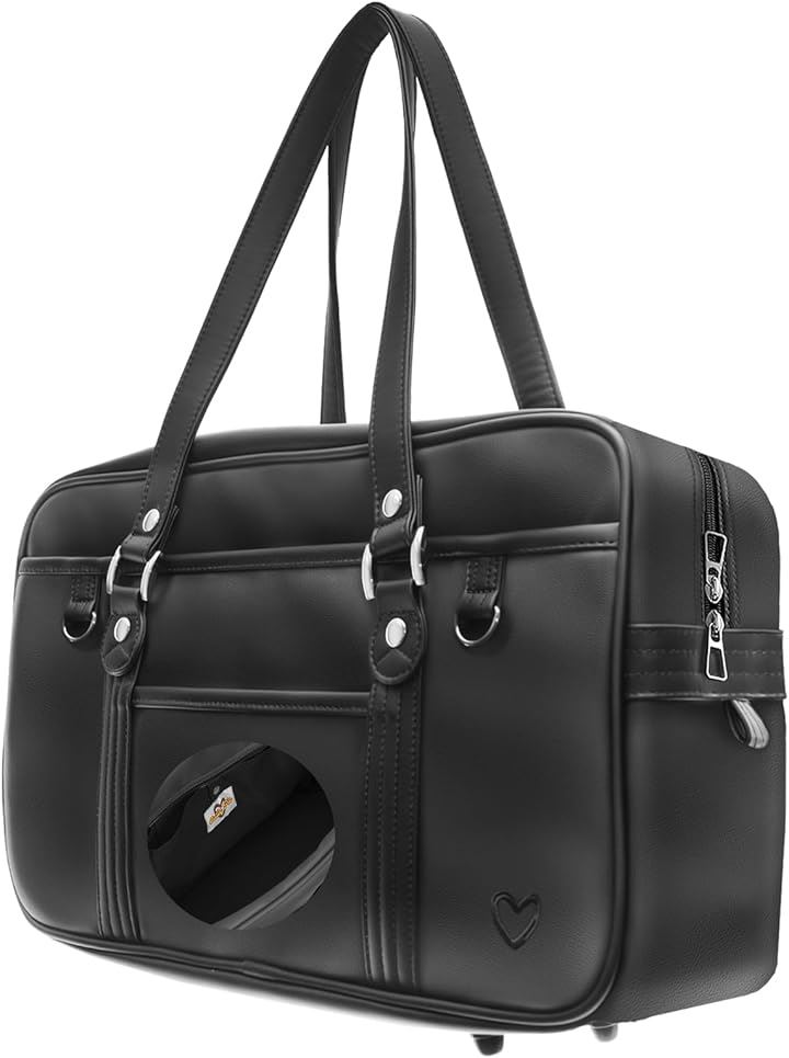 キューティパイ スクバ スクールバッグ 茶色 合皮 高耐久 丈夫 軽い かわいい 持ち手長い 女子高生(ブラック/ブラック)