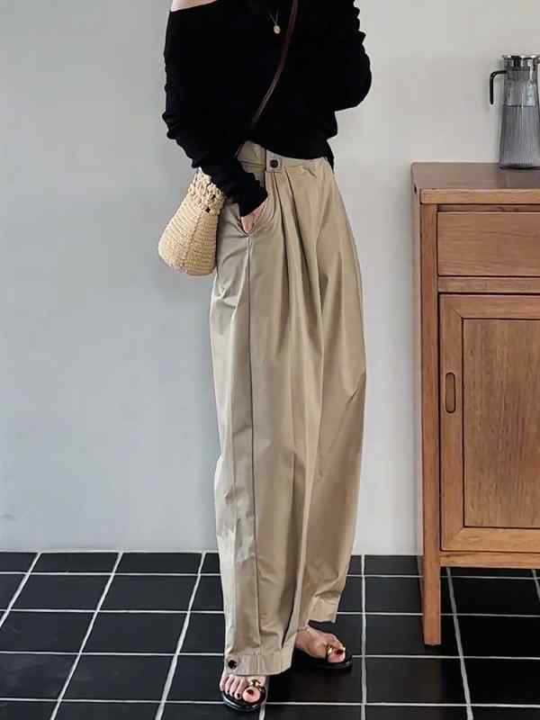 レディース ファッション オシャレ カワイイ シンプル 人カワイイ きいサイズ ライトカーキ プリーツ カジュアル パンツ ハイウエスト 薄手 ロング パンツ カバー 5,415円