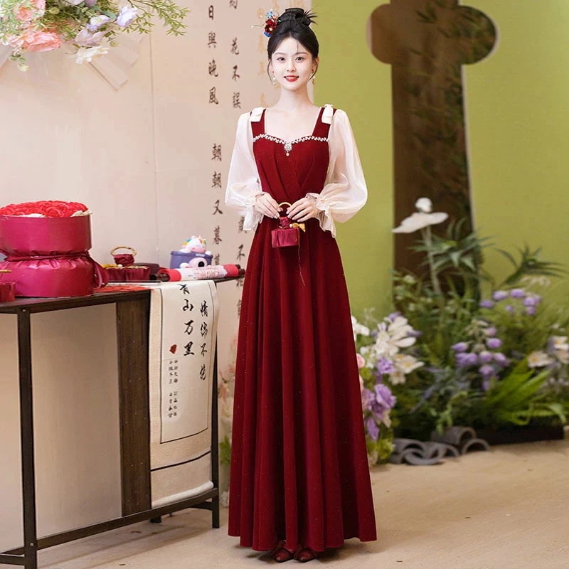 注目の新商品！チャイナドレス ロング丈 マキシ丈 チャイナ ドレス 中国風 結婚式 花嫁ドレス 長袖 改良中華ドレス ワインレッド 中国風ウェディングドレス 中華服 チャイナ服 中華 舞台ステージ 衣
