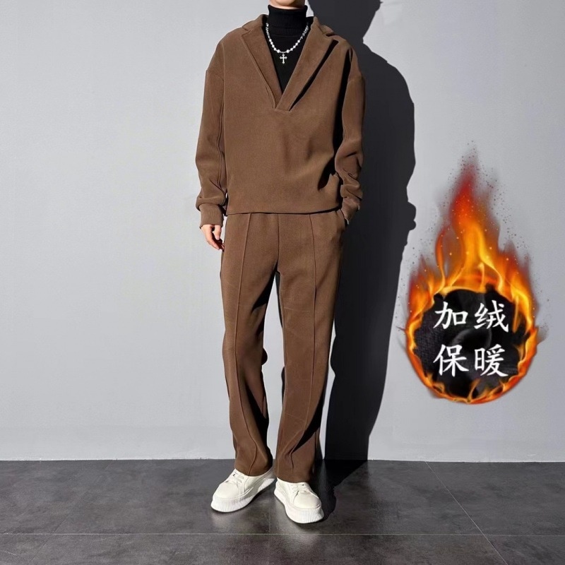 【人気メンズセット】メンズ 2025 秋冬新作 V ネック プルオーバー ウールブレンド スーツカラー カジュアル ルーズ 2 色 2 点セット