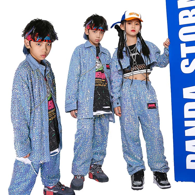 2026新品 子供服 ヒップホップ ダンス衣装 男の子 デニム ジャケット パンツ 青 ブルー キッズ ダンス衣装 イベント お揃い セットアップ スパンコール キラキラ ダンス 衣装 女の子 ダン