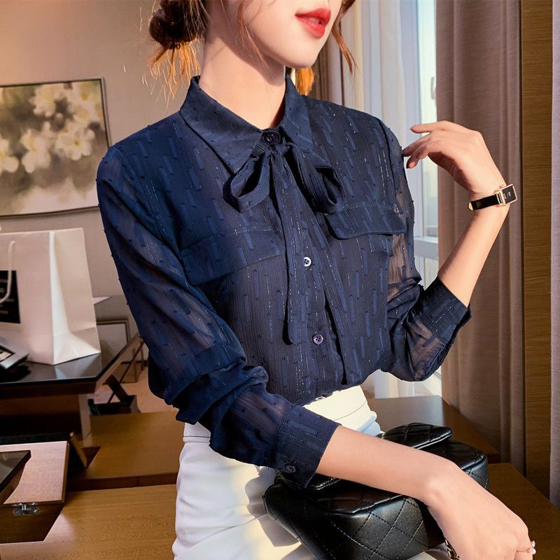 人气 新作 今っぽシアーシャツ 韓国ファッションOL 通勤 蝶ネクタイ シャツ レディース ロングスリーブ シフォン 初秋 Tシャツ着痩せ長袖 シフォン/トップス/ブラウスtシャツメガ割 46aa