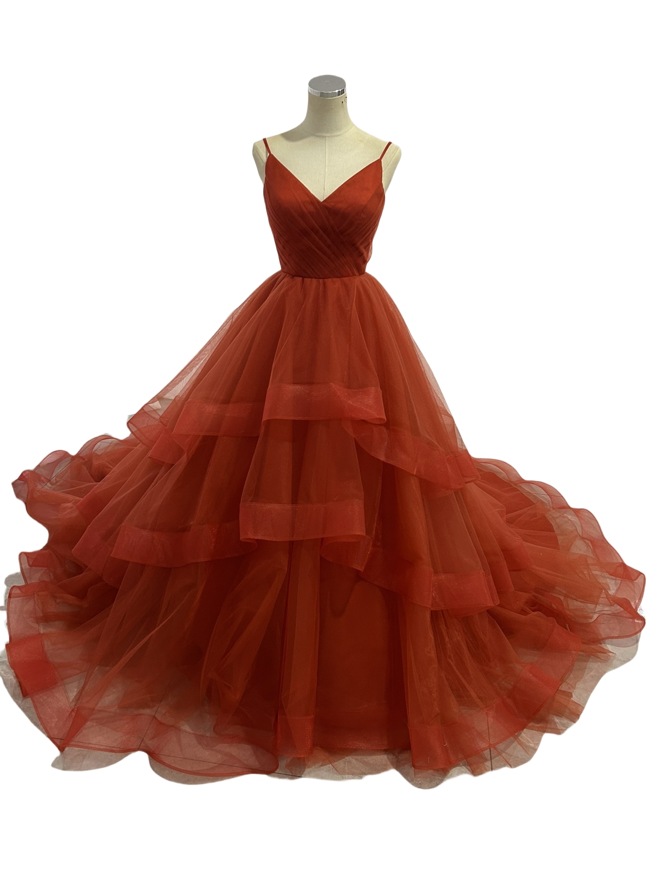 カラードレス キャミソール Vネック テラコッタ ラッフルフリル ソフトチュール 結婚式 エアリー感