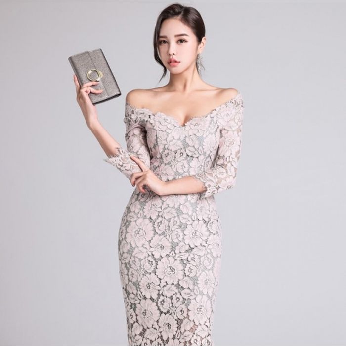 パーティードレス 韓国 ドレス 個性的 ワンピース プチプラ キャバ ピンク グレータイト 総レース オフショルダー セクシー 花柄 膝丈 エレガント 袖あり 20代 30代