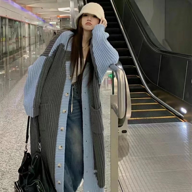 バイカラーニットカーディガン ロング カーディガン 長袖ニット セーター アウター ロングニット 長袖 羽織り 秋冬 トップス ゆったり 切り替え オーバーサイズ かわいい 大人可愛い きれいめ おし