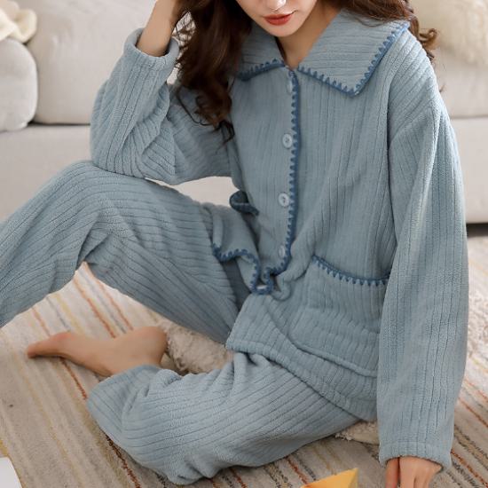 パジャマ レディース 長袖 秋冬 大きいサイズ 2XL ブルー 無地 シンプル 上下セット 2点セット セットアップ ルームウェア 部屋着 寝間着 ナイトウェア 女性 おしゃれ かわいい 楽ちん リラ
