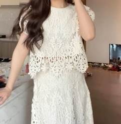 レディース スカート トップス カットソー プルオーバー スーツ アンサンブル ドレス ツーピース レーススカート ミモレ ロング 半袖 ラウンドネック ストレート セパレート レース レースアップ