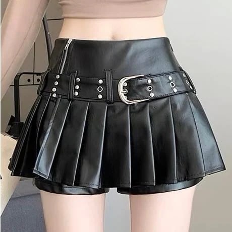 レザー プリーツ ミニ スカート ショート パンツ 韓国 ストリート系 Y2K ダンス 衣装 K-POP ギャル レディース ファッション 8PA-97