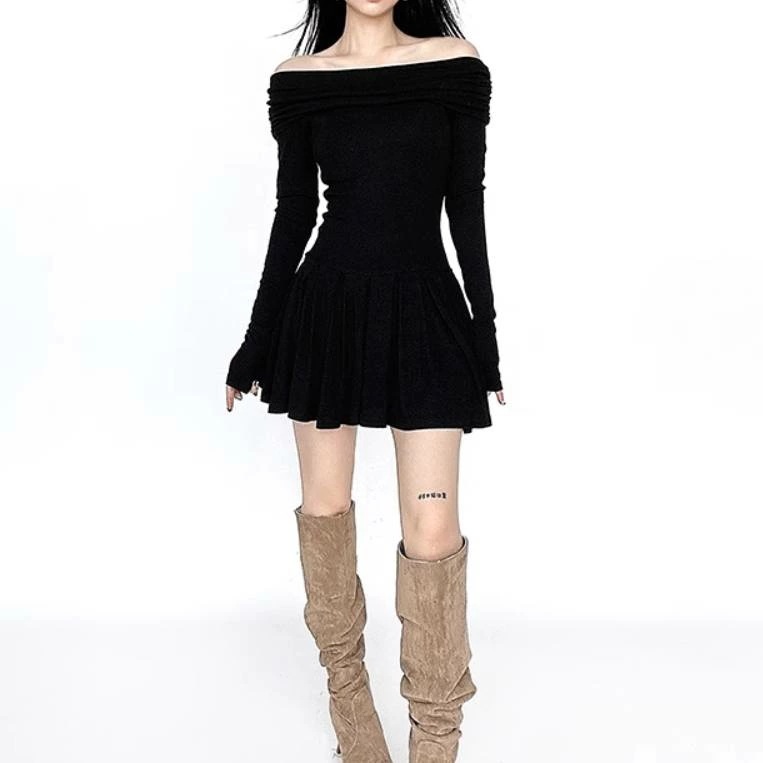 再販未定レディース スカート ワンピース ドレス プリーツスカート ミニスカート ミニ ショート 長袖 オフショルダー スリム 細身 スマート 裾ワイド プリーツ ハイウエスト かわいい 大人可愛い