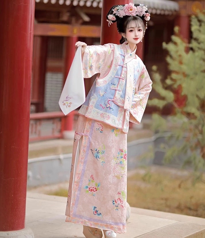 品質良い!店舗お勧め!中華コスプレ衣装 レディース 大人 中国古代服装 清朝 貴妃 お姫様 全身コスチューム チャイナドレス 4点セット ピンク＋ブルー スカーフ ハンカチ付き 花柄 ロング丈 チャイ