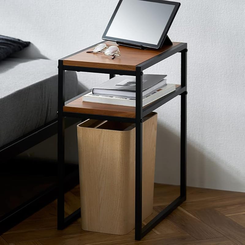 即納：アイリスオーヤマ 便利な2段収納のサイドテーブル スチールフレームサイドテーブル 幅約25×奥行約40×高さ約50 どこでも活躍できるちょうどいいサイズ SFST-247 ウォールナット