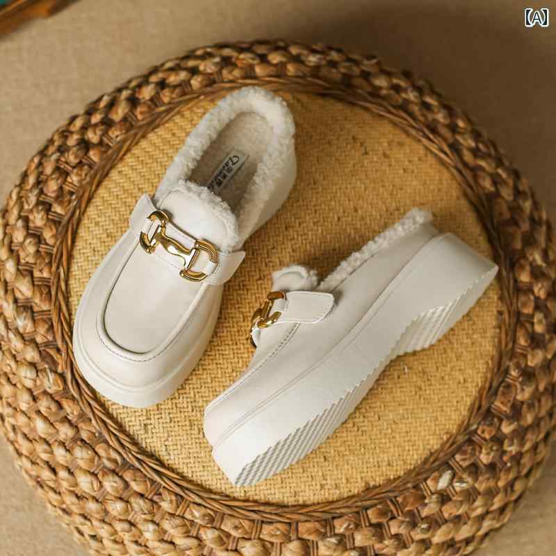 ローファー レディース シューズ 秋冬 アウターウェア用 厚底 プラットフォーム 毛皮 靴 ベルベット つま先 ハーフ マグ オフィス コットンスリッパ S サイズ 33 34