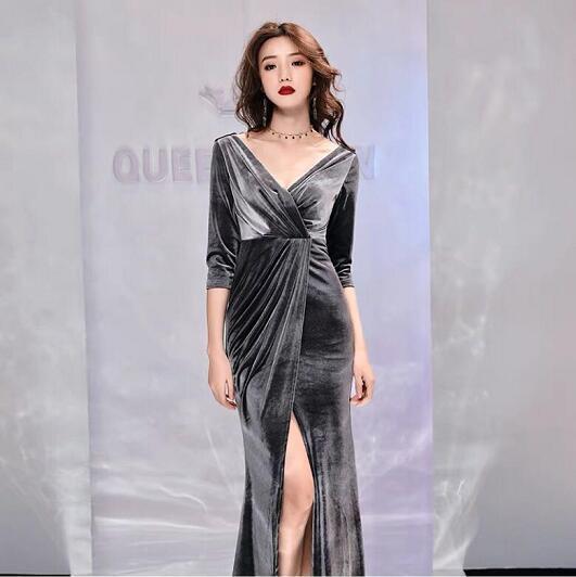 ロング ドレス レディース イブニング 長袖 深Vネック ベロア カシュクール スリムフィット スリット 背中 チャック きいサイズ パーティー グレー 黒 赤