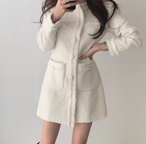 レディース ワンピース アンサンブル ツイード ミニ 長袖 ラウンドネック スリム Iライン 大人可愛い 上品 おしゃれ かっこいい レトロ 個性的 エレガント 主役級 存在感 都会的 クラシカル